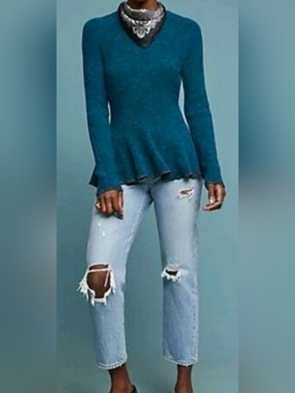 Anthropologie Saturday Sunday Peplum Knit Sweater XS Blue Metallic Trim